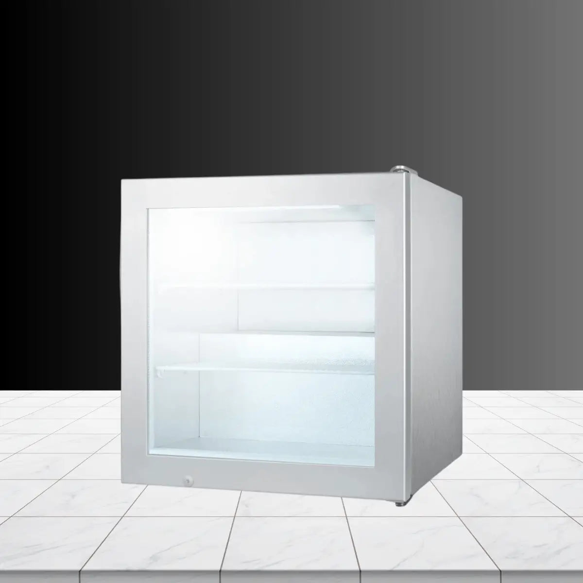 Vodka chillers collection featuring compact stainless steel glass-door chiller with illuminated interior shelves for optimal vodka storage and cooling.