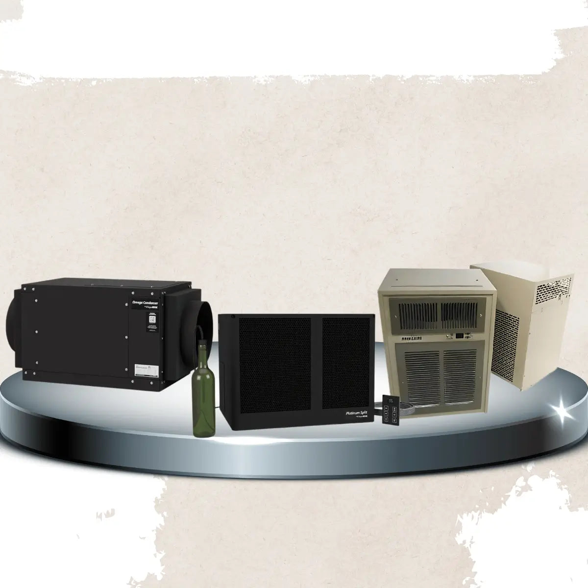 Wall-mounted ductless wine cellar cooling units collection featuring black split-system condensers, evaporators, and through-the-wall cooling units with digital temperature controllers for efficient wine cellar climate control.