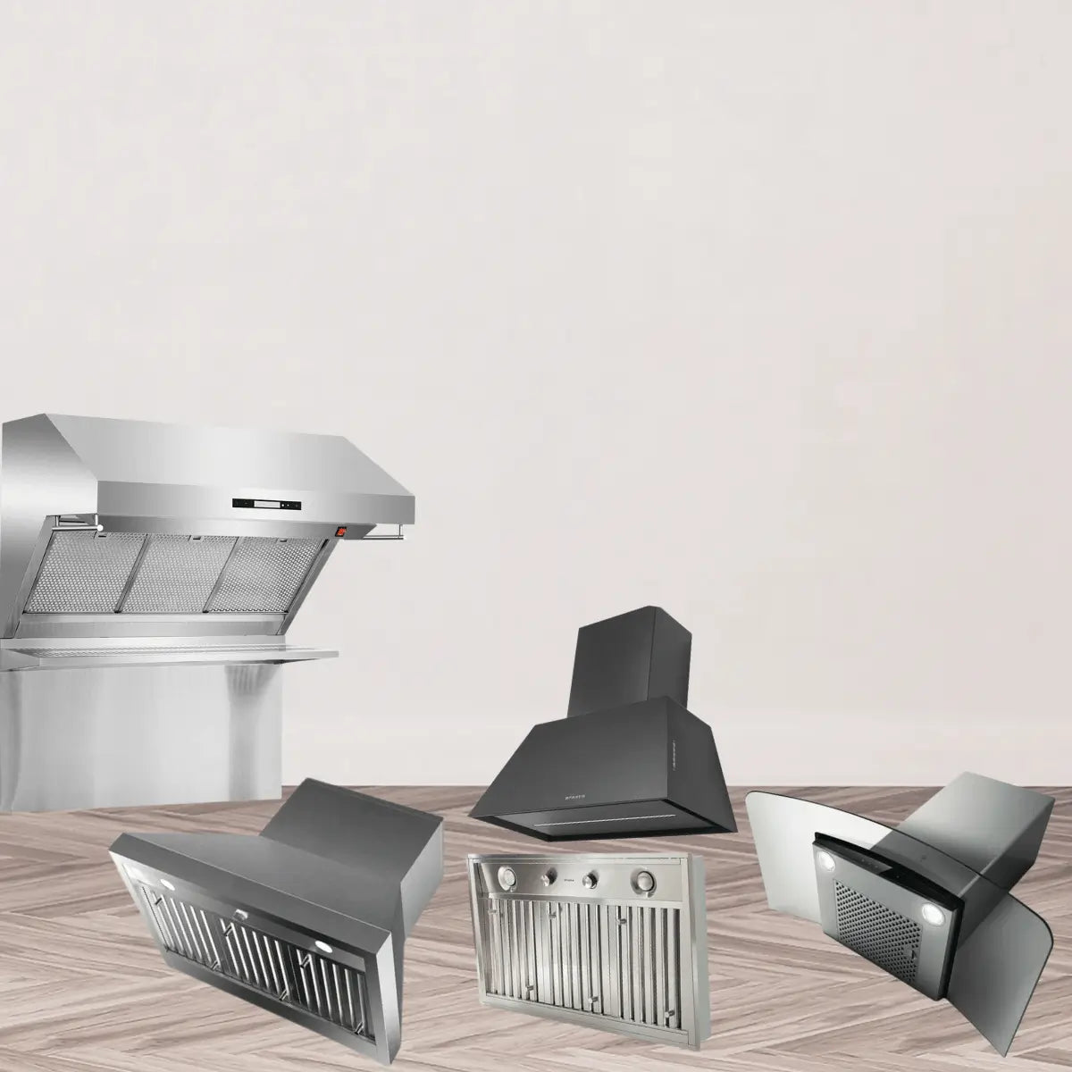 Wall mounted range hoods collection featuring stainless steel and black chimney-style kitchen ventilation hoods with baffle filters and modern canopy designs.