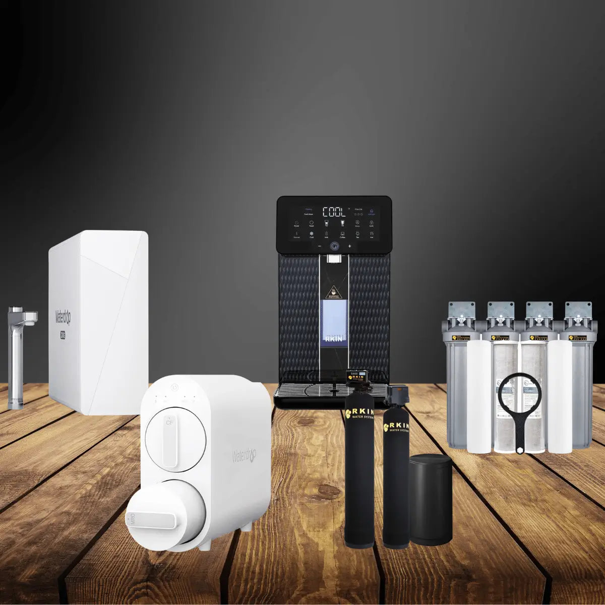 Water filtration systems collection featuring countertop purifier, under-sink filters, multi-stage filtration units, and cartridges displayed on a wooden surface with a modern dark background.