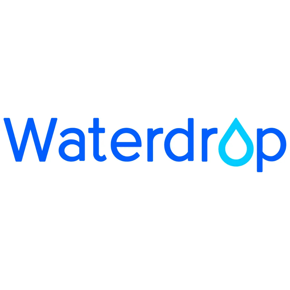 Waterdrop logo in blue gradient text with a turquoise water droplet icon replacing the letter “o” on a light gray background.
