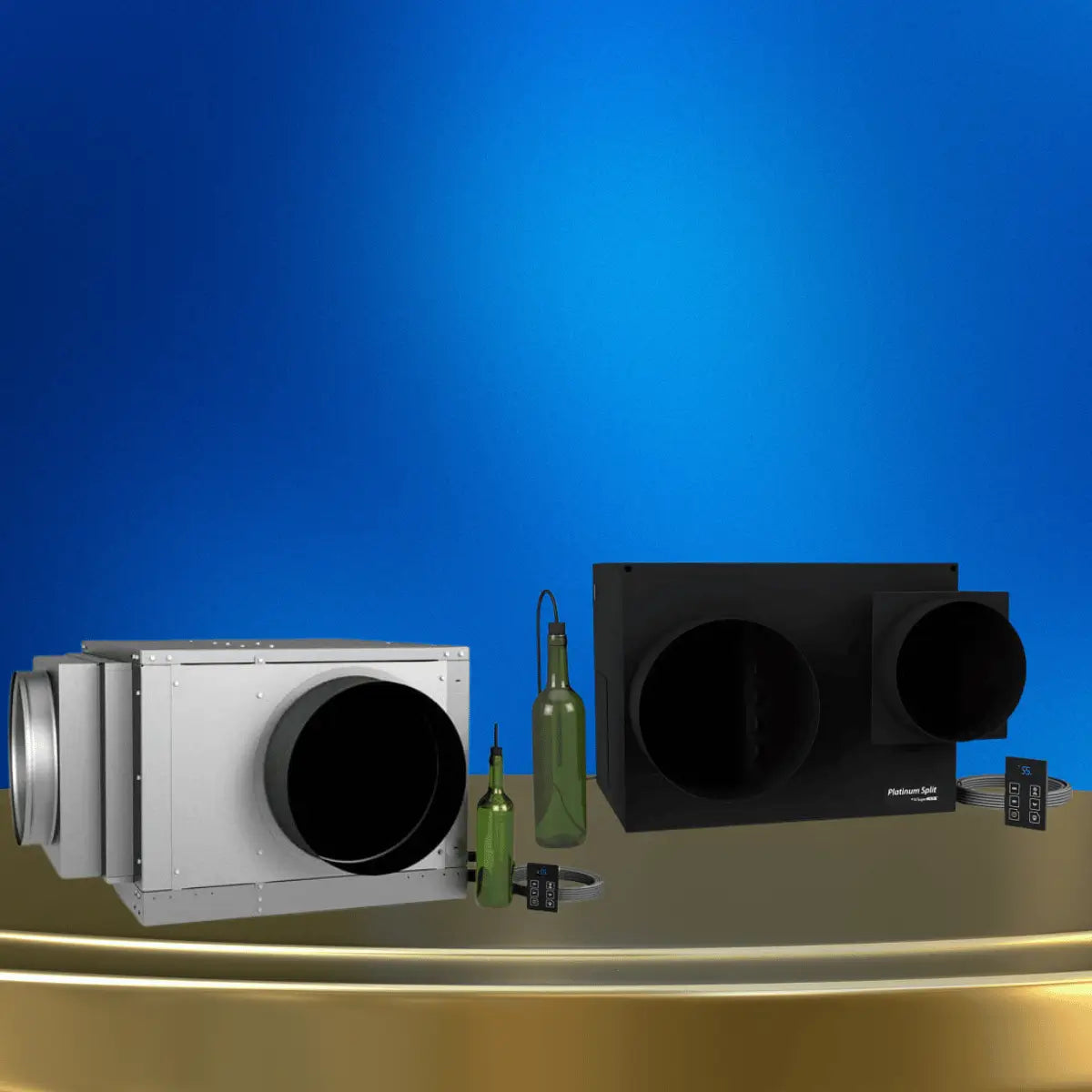 WhisperKOOL ducted wine cellar cooling units with large airflow ducts and digital controllers for remote wine cellar climate control