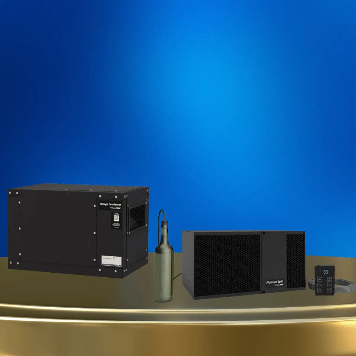 WhisperKOOL ductless split system wine cooling systems collection featuring Omega condenser and Platinum Split evaporator with digital controller