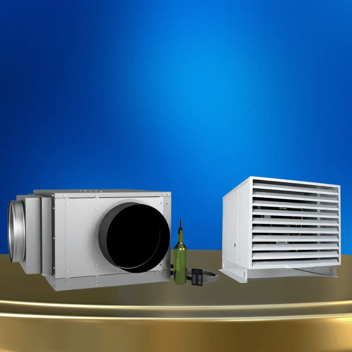 WhisperKOOL Quantum Series wine cooling systems collection featuring ducted wine cellar cooling unit with ventilation grille and digital controller