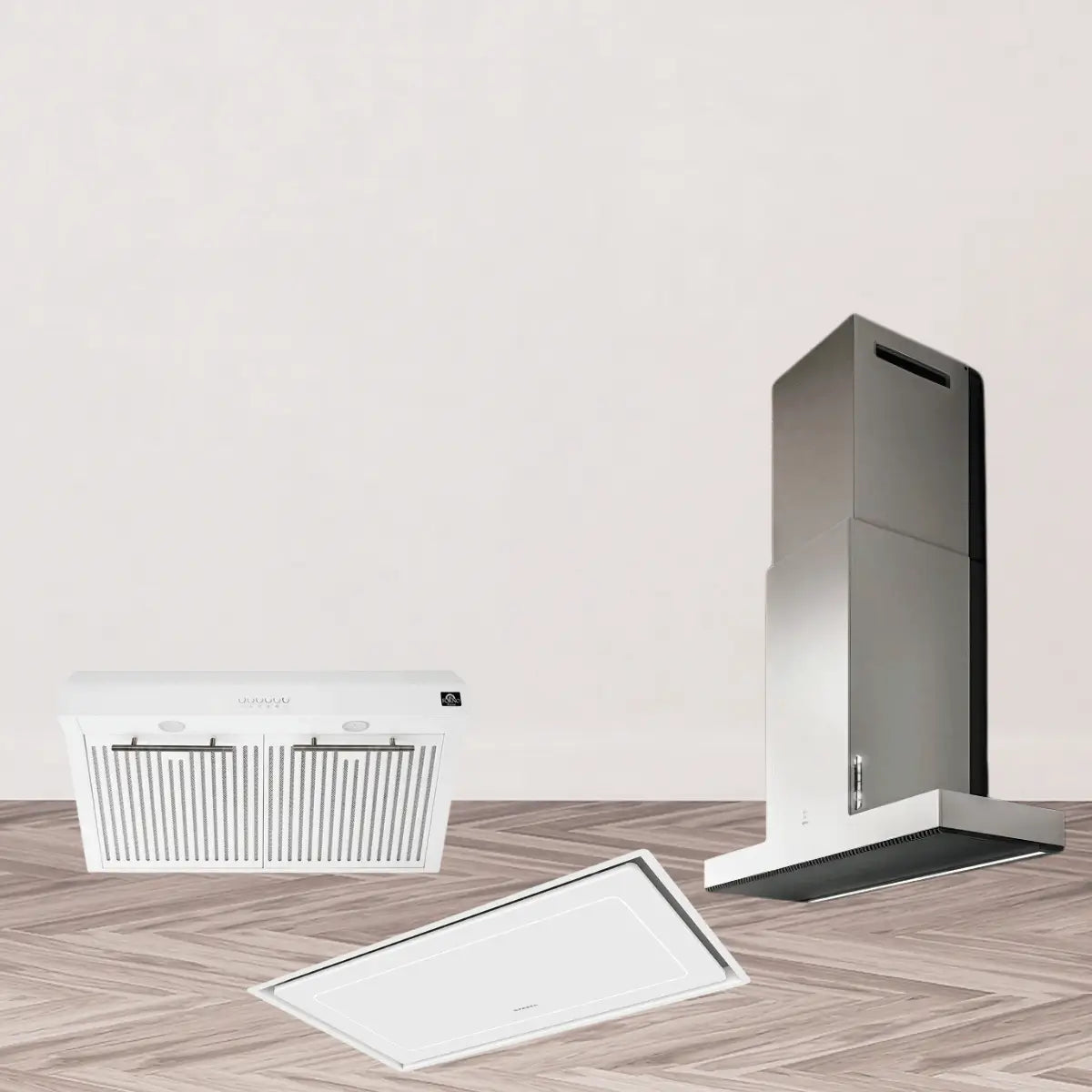 White range hoods collection featuring under-cabinet, ceiling-mounted panel, and wall-mounted chimney-style kitchen ventilation hoods with stainless steel filters.