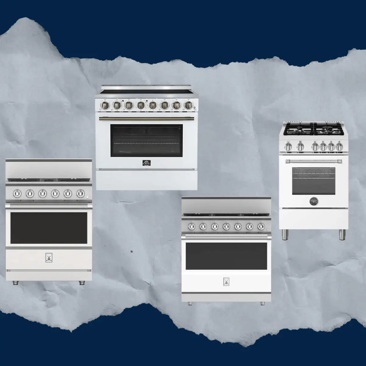 White ranges collection featuring freestanding white kitchen ranges in gas and electric models with front control knobs, oven windows, and modern residential cooking designs.