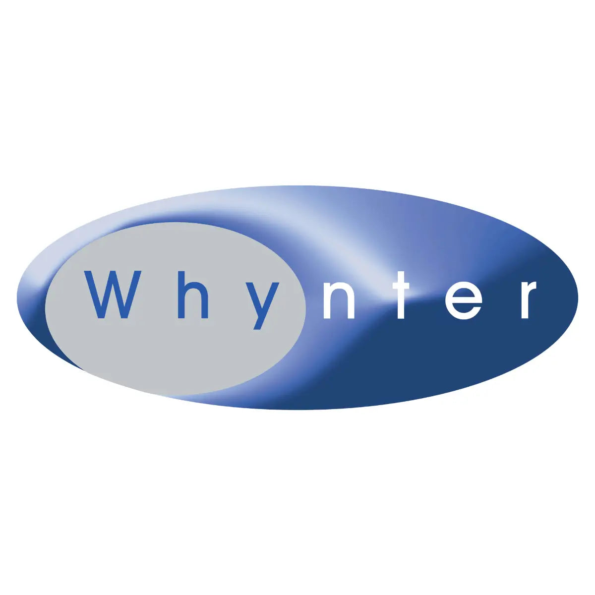 Whynter logo with lowercase text over a blue gradient oval wave design on a light gray background.