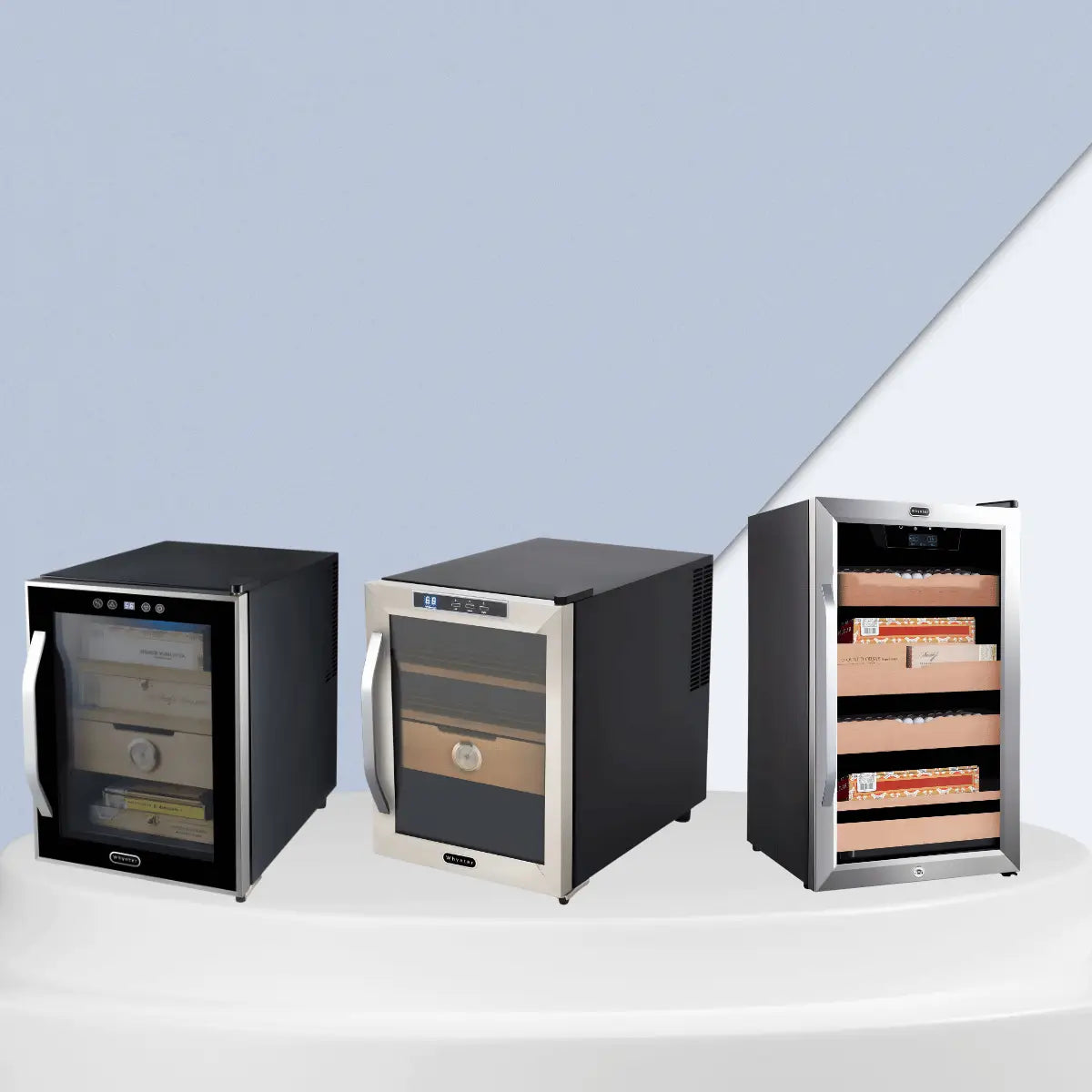 Whynter cigar humidors collection featuring compact glass-door cigar storage units with wooden shelves for premium cigar preservation and humidity control.