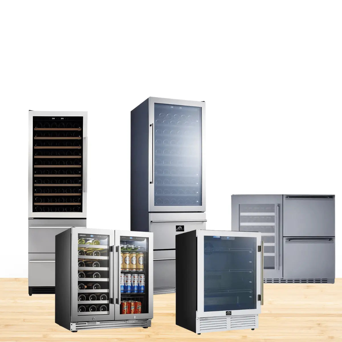 Wine and beverage coolers combo collection featuring dual-zone wine fridges, beverage refrigerators, and undercounter units with glass doors and stainless steel finishes, displaying bottles and cans on a modern surface.