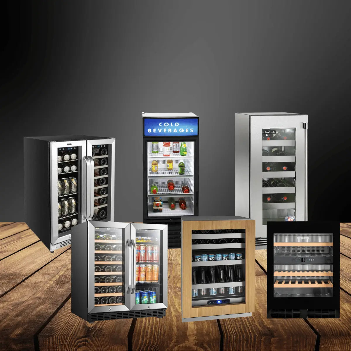Wine and beverage centers collection featuring glass-door wine coolers, dual-zone beverage fridges, and undercounter units storing bottles and cans, displayed on a wooden surface with a modern dark background.