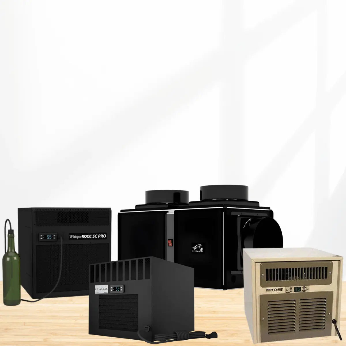 Wine cellar cooling units collection featuring Breezaire, WhisperKOOL, CellarCool, and ducted wine cooling systems for temperature and humidity control in residential wine cellars.