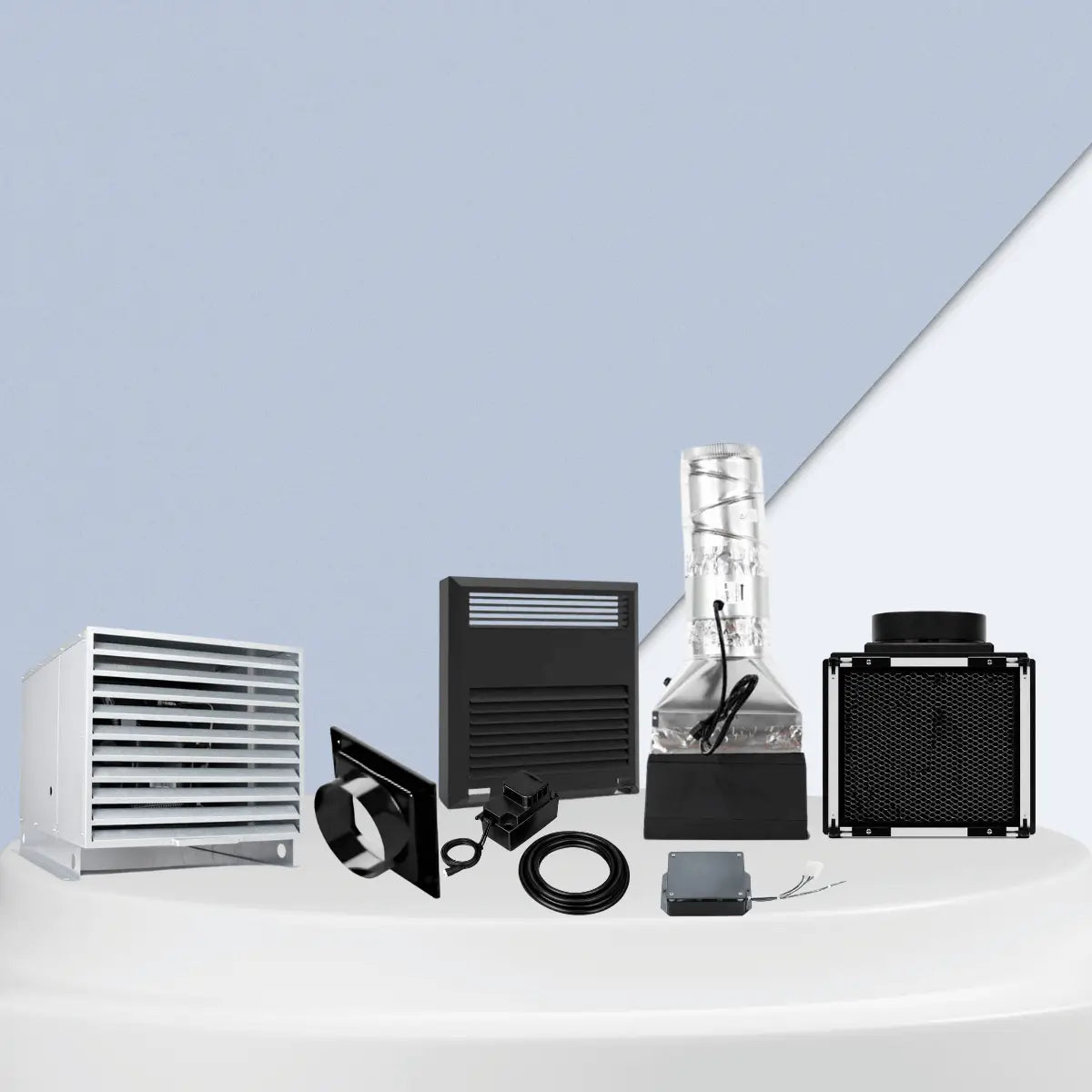 Wine cellar cooling unit accessories collection featuring ventilation grilles, duct parts, fan assembly, and control components for system installation