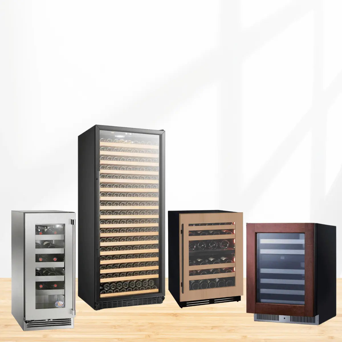 Wine coolers collection featuring freestanding and undercounter wine refrigerators with glass doors, wooden shelves, and large bottle capacity in modern stainless steel and wood finishes.