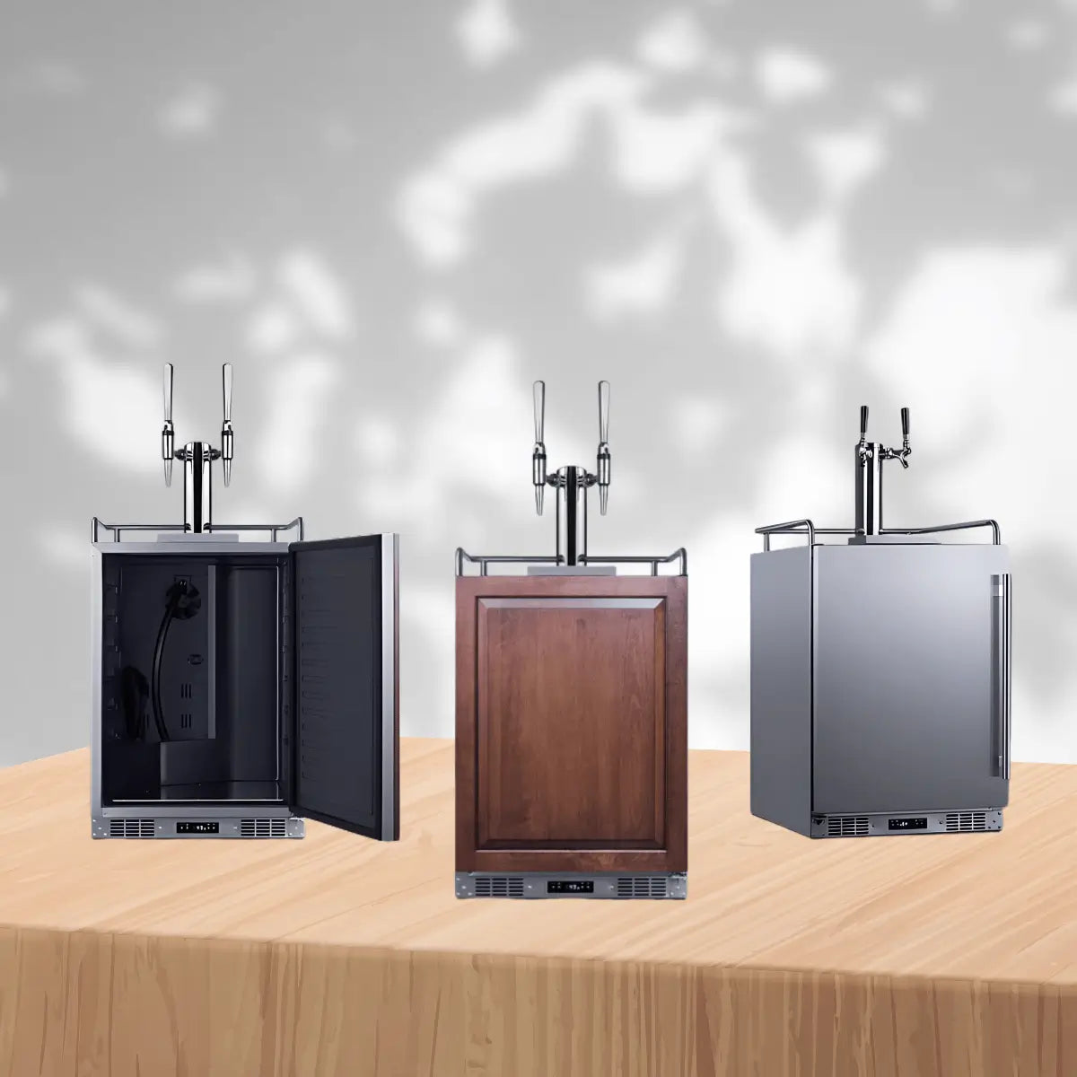 Wine kegerators collection featuring stainless steel and wood panel wine draft dispensers with dual tap towers for serving wine on tap
