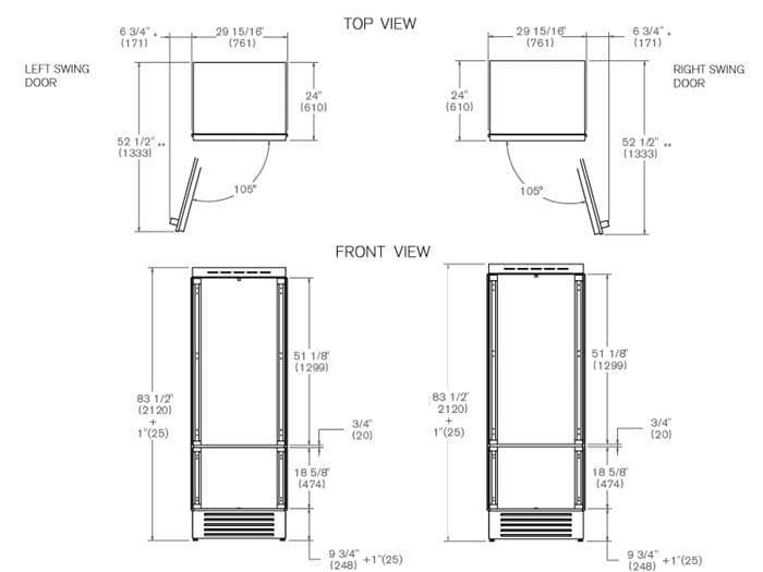 Bertazzoni 30" 15.5 Cu.Ft. Panel Ready Built-In Bottom Mount Refrigerator With Ice Maker and Right Swing Door REF30BMBIPRT Luxury Appliances Direct