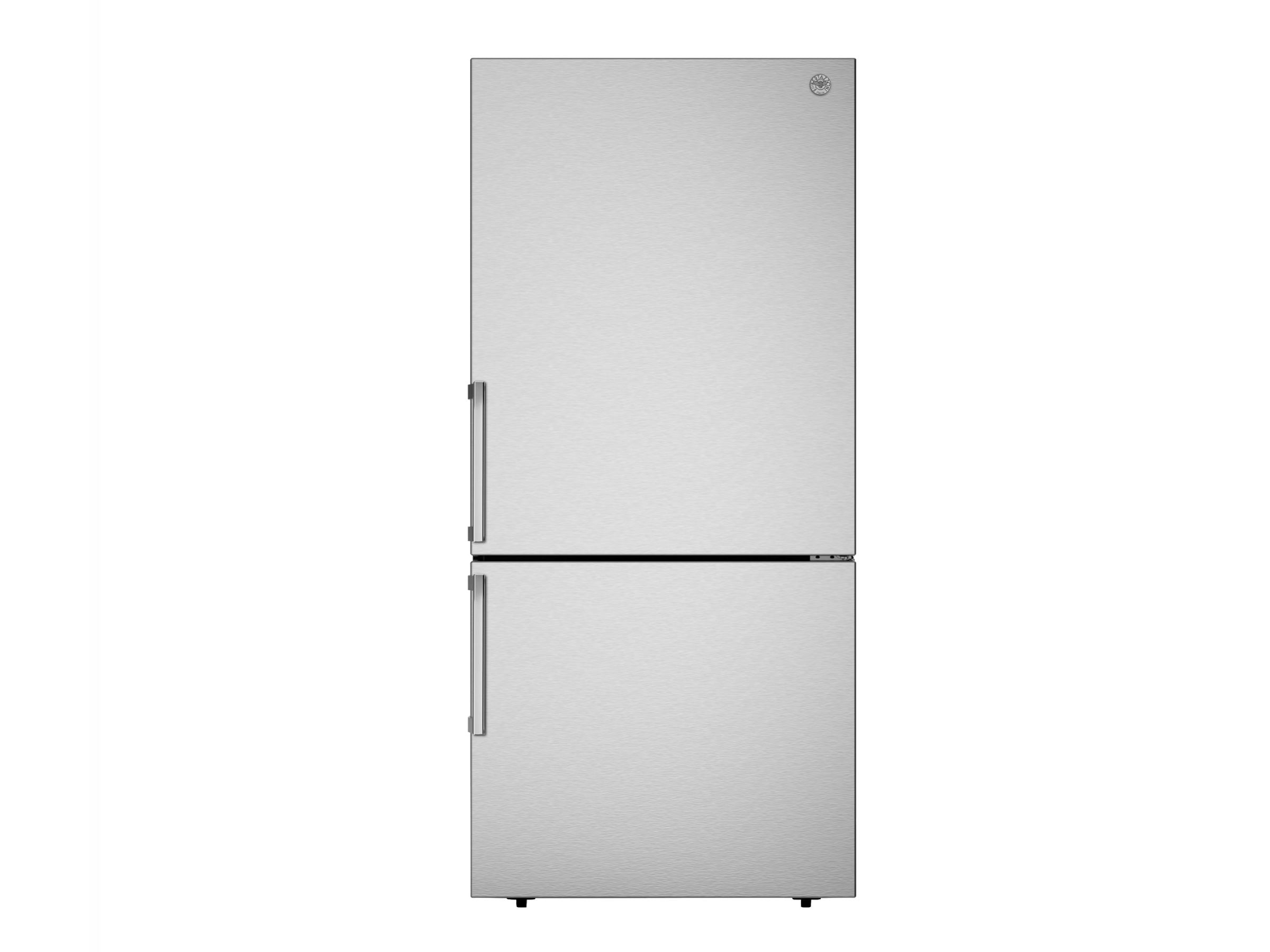 Bertazzoni 31" 17.1 Cu.Ft. Stainless Steel Freestanding Bottom Mount Refrigerator With Automatic Ice Maker and Reversible Door REF31BMFIX Luxury Appliances Direct