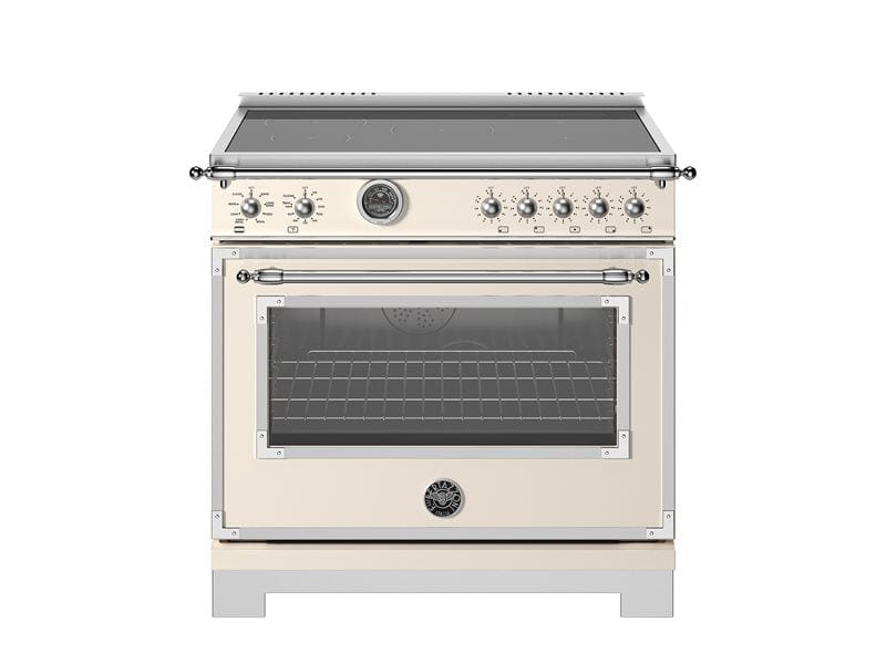 Bertazzoni Heritage Series 36" 5 Heating Zones Avorio Freestanding Induction Range With 5.7 Cu.Ft. Electric Self-Clean Oven and Cast Iron Griddle HER365ICFEPAVT Luxury Appliances Direct