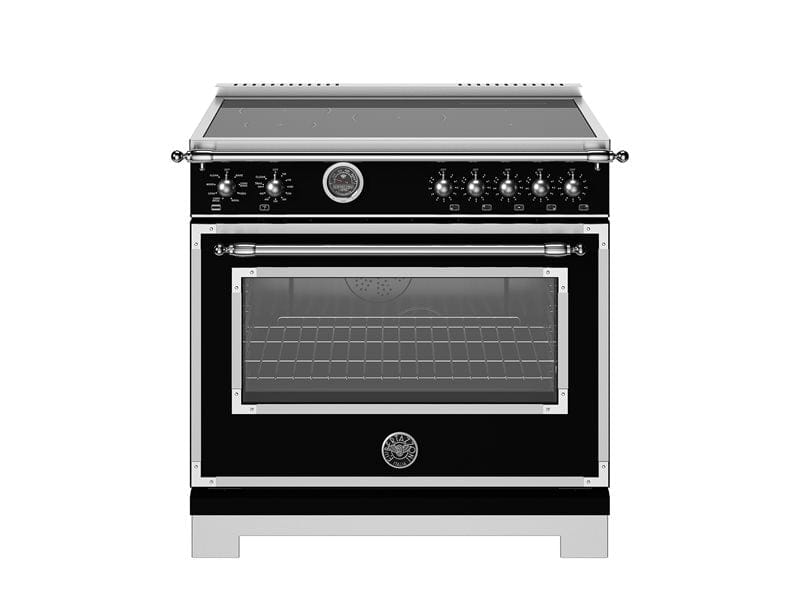 Bertazzoni Heritage Series 36" 5 Heating Zones Nero Freestanding Induction Range With 5.7 Cu.Ft. Electric Self-Clean Oven and Cast Iron Griddle HER365ICFEPNET Luxury Appliances Direct