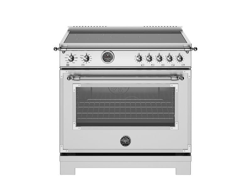 Bertazzoni Heritage Series 36" 5 Heating Zones Stainless Steel Freestanding Induction Range With 5.7 Cu.Ft. Electric Self-Clean Oven and Cast Iron Griddle HER365ICFEPXT Luxury Appliances Direct
