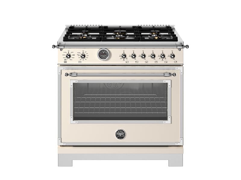 Bertazzoni Heritage Series 36" 6 Brass Burners Avorio Dual Fuel Range With 5.7 Cu.Ft. Electric Self-Clean Double Oven and Cast Iron Griddle HER366BCFEPAVT Luxury Appliances Direct