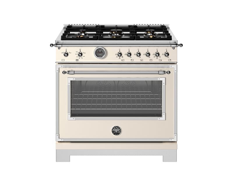Bertazzoni Heritage Series 36" 6 Brass Burners Avorio Propane Gas Range With 5.9 Cu.Ft. Oven and Cast Iron Griddle HER366BCFGMAVT + CONVERSION Luxury Appliances Direct