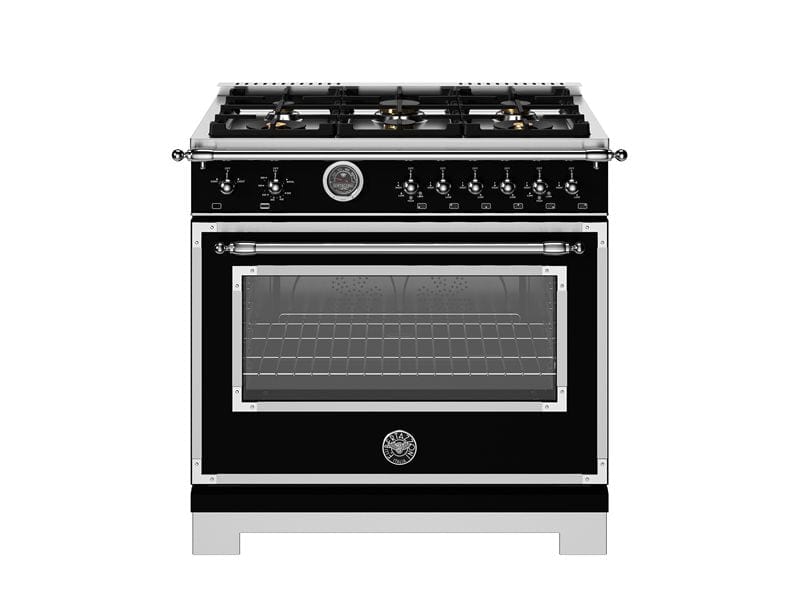 Bertazzoni Heritage Series 36" 6 Brass Burners Nero Matt All Gas Range With 5.9 Cu.Ft. Oven and Cast Iron Griddle HER366BCFGMNET Luxury Appliances Direct