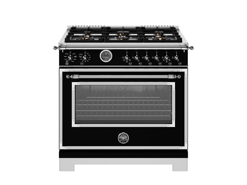 Bertazzoni Heritage Series 36" 6 Brass Burners Nero Matt Dual Fuel Range With 5.7 Cu.Ft. Electric Self-Clean Double Oven and Cast Iron Griddle HER366BCFEPNET Luxury Appliances Direct