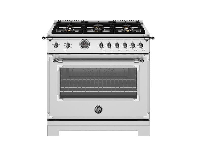 Bertazzoni Heritage Series 36" 6 Brass Burners Stainless Steel All Gas Range With 5.9 Cu.Ft. Oven and Cast Iron Griddle HER366BCFGMXT Luxury Appliances Direct