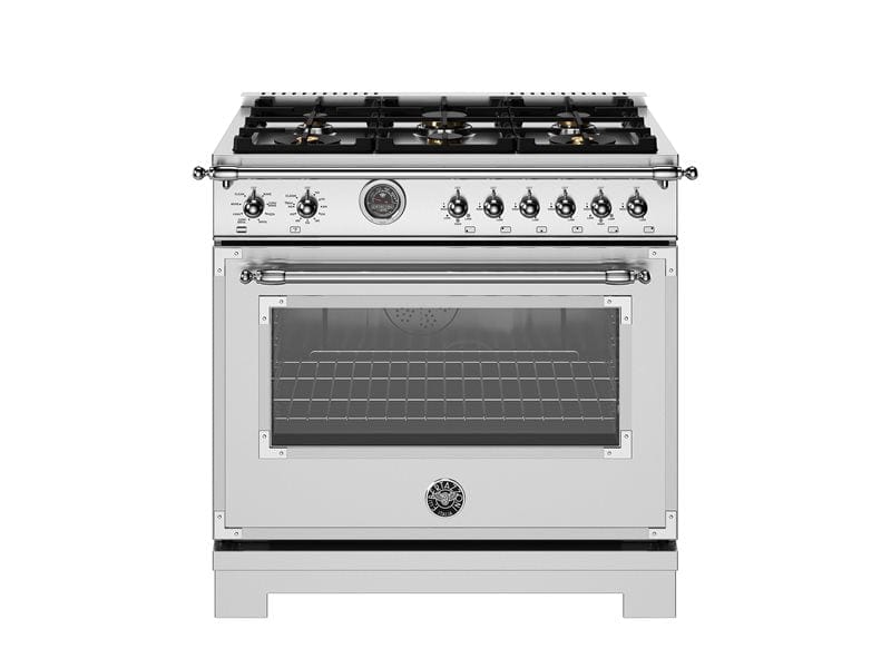 Bertazzoni Heritage Series 36" 6 Brass Burners Stainless Steel Propane Gas Range With 5.7 Cu.Ft. Electric Self-Clean Double Oven and Cast Iron Griddle HER366BCFEPXT + CONVERSION Luxury Appliances Direct