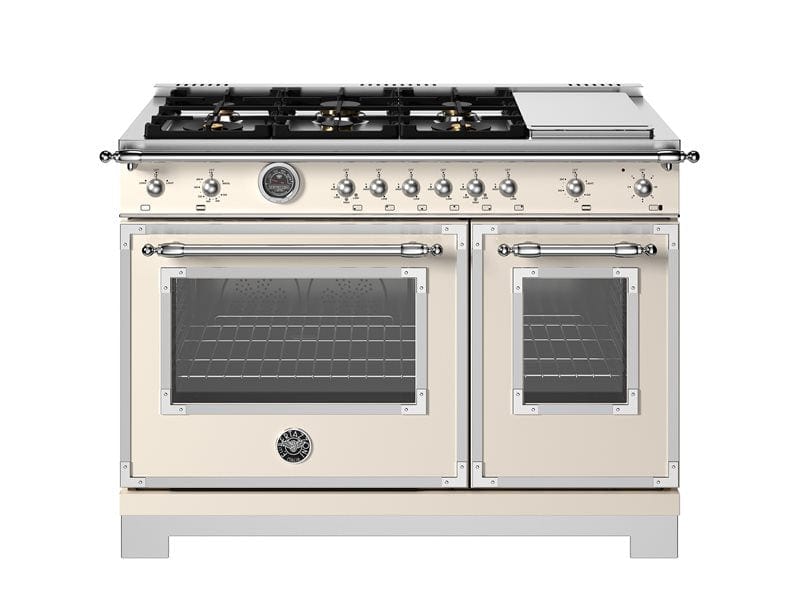 Bertazzoni Heritage Series 48" 6 Brass Burners Avorio All Gas Range With 7.1 Cu.Ft. Double Gas Oven and Electric Griddle HER486BTFGMAVT Luxury Appliances Direct