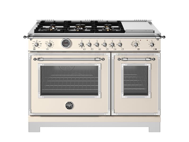 Bertazzoni Heritage Series 48" 6 Brass Burners Avorio Dual Fuel Range With 7 Cu.Ft. Electric Self-Clean Double Oven and Electric Griddle HER486BTFEPAVT Luxury Appliances Direct