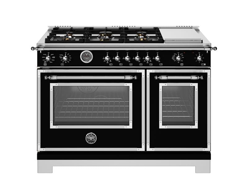 Bertazzoni Heritage Series 48" 6 Brass Burners Nero Matt Dual Fuel Range With 7 Cu.Ft. Electric Self-Clean Double Oven and Electric Griddle HER486BTFEPNET Luxury Appliances Direct