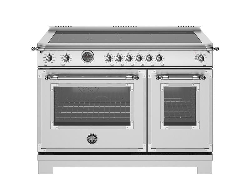 Bertazzoni Heritage Series 48" 6 Heating Zones Stainless Steel Freestanding Induction Range With 7 Cu.Ft. Electric Self-Clean Double Oven and Cast Iron Griddle HER486IGFEPXT Luxury Appliances Direct