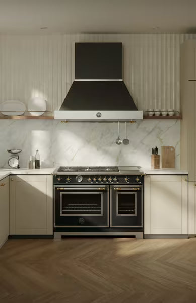 Bertazzoni Heritage Series 48 inch Gold Accent 6 Brass Burner Dual Fuel Ranges