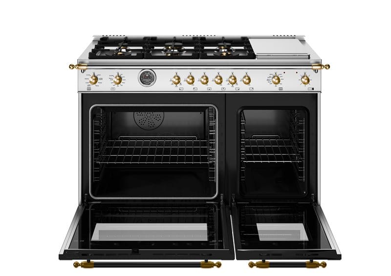 Bertazzoni Heritage Series 48 inch Gold Accent 6 Brass Burner Dual Fuel Ranges