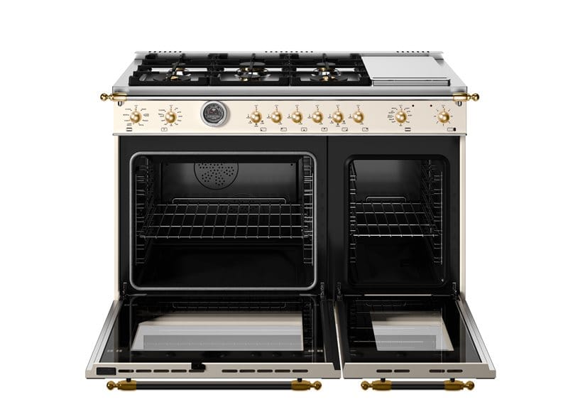 Bertazzoni Heritage Series 48 inch Gold Accent 6 Brass Burner Dual Fuel Ranges