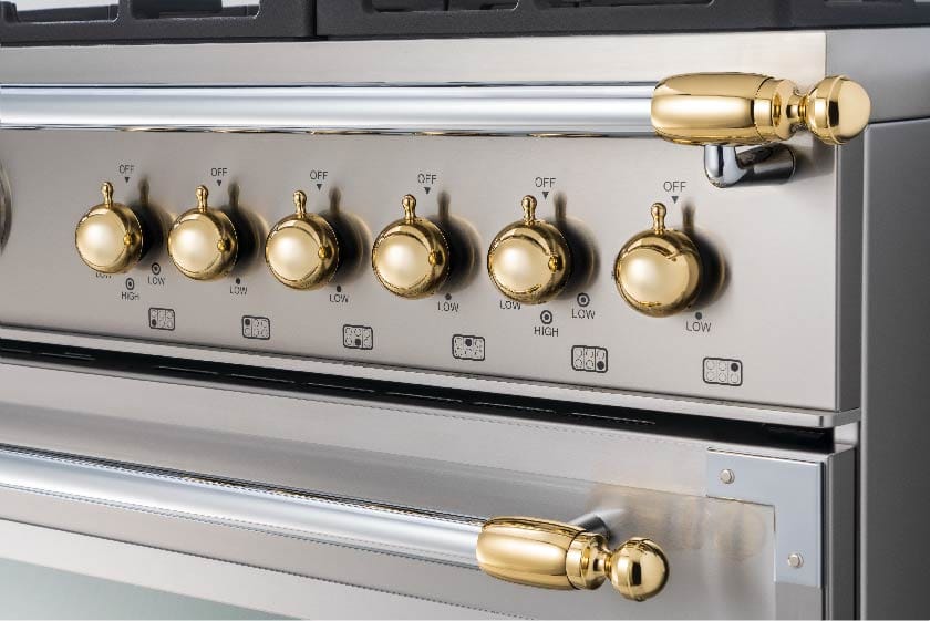 Bertazzoni Heritage Series 48 inch Gold Accent 6 Brass Burners Gas Ranges
