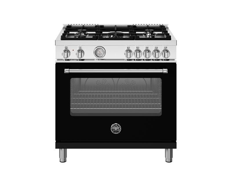 Bertazzoni Master Series 36" 5 Aluminum Burners Nero Matt Freestanding Dual Fuel Range With 5.9 Cu.Ft. Electric Manual Clean Oven MAS365DFMNEV Luxury Appliances Direct