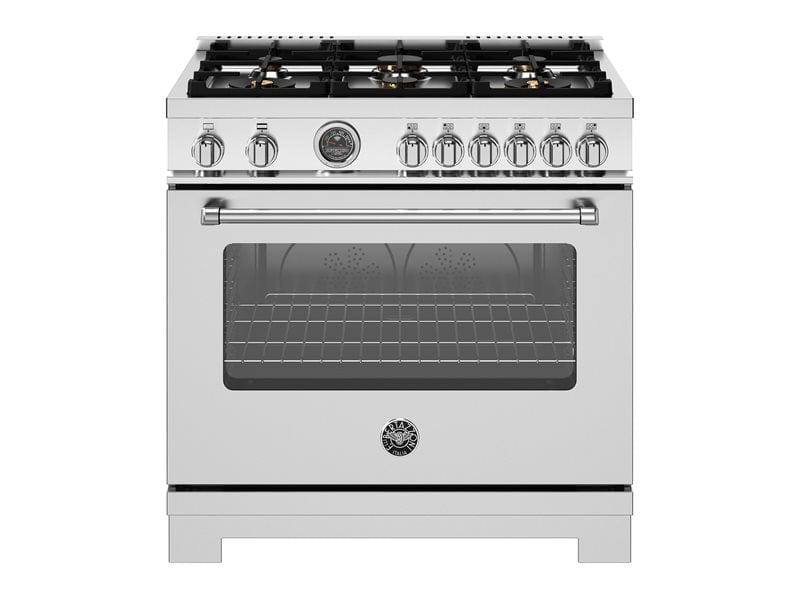 Bertazzoni Master Series 36" 6 Brass Burners Stainless Steel Freestanding All Gas Range With 5.9 Cu.Ft. Oven and Cast Iron Griddle MAS366BCFGMXT Luxury Appliances Direct