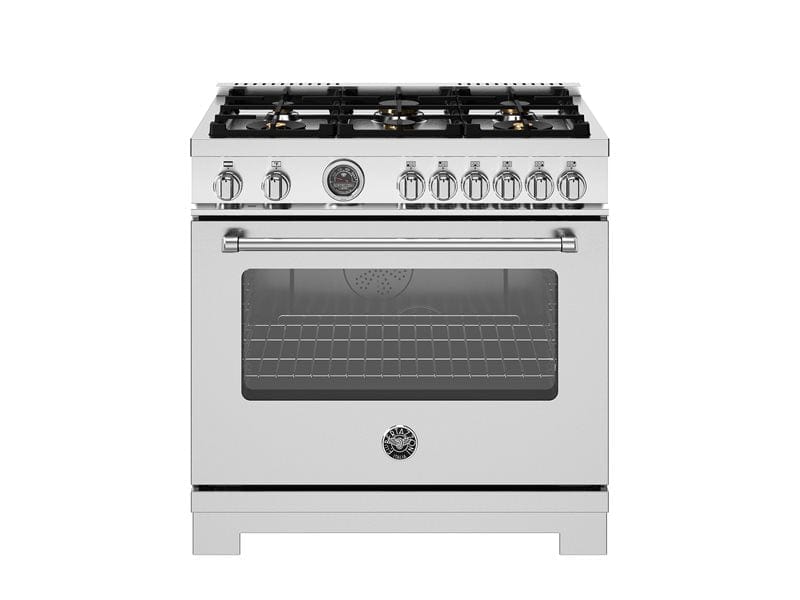 Bertazzoni Master Series 36" 6 Brass Burners Stainless Steel Freestanding Dual Fuel Range With With Cast Iron Griddle and 5.7 Cu.Ft. Electric Self-Clean Oven MAS366BCFEPXT Luxury Appliances Direct