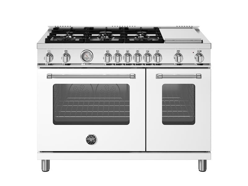 Bertazzoni Master Series 48" 6 Aluminum Burners Bianco Matt Freestanding All Gas Range With 7.1 Cu.Ft. Double Oven and Electric Griddle MAS486GGASBIV Luxury Appliances Direct