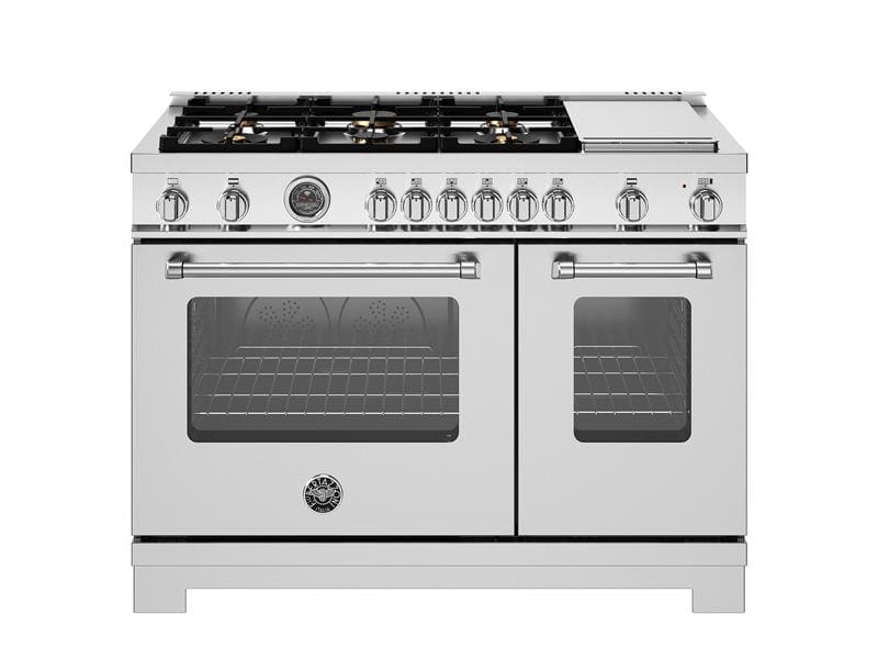 Bertazzoni Master Series 48" 6 Brass Burners Stainless Steel Freestanding All Gas Range With 7.1 Cu.Ft. Double Oven and Electric Griddle MAS486BTFGMXT Luxury Appliances Direct
