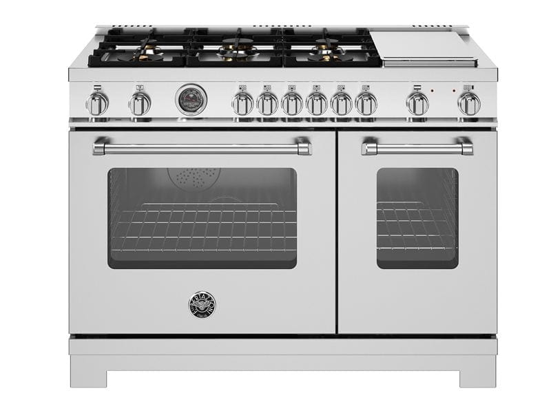 Bertazzoni Master Series 48" 6 Brass Burners Stainless Steel Freestanding Dual Fuel Range With Cast Iron Griddle and 7 Cu.Ft. Electric Self-Clean Double Oven MAS486BTFEPXT Luxury Appliances Direct