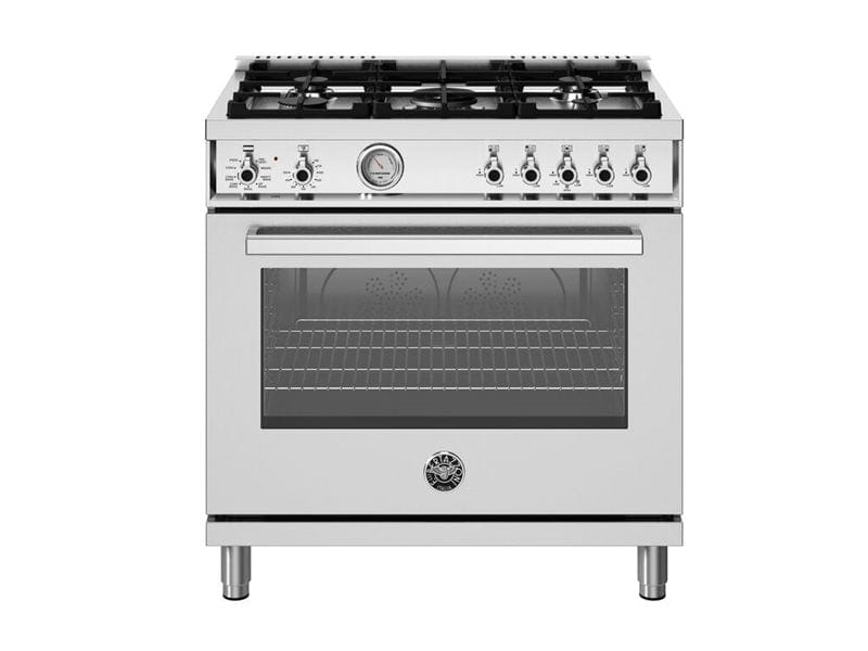 Bertazzoni Professional Series 36" 5 Aluminum Burners Stainless Steel Freestanding Dual Fuel Range With 5.9 Cu.Ft. Electric Self-Clean Oven PRO365DFMXV Luxury Appliances Direct