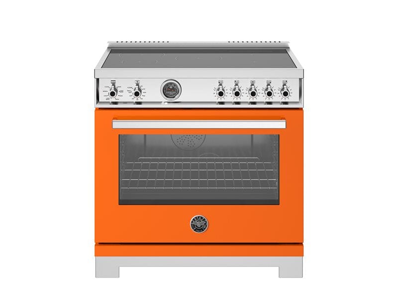 Bertazzoni Professional Series 36" 5 Heating Zones Arancio Freestanding Induction Range With 5.7 Cu.Ft. Electric Self-Clean Oven and Cast Iron Griddle PRO365ICFEPART Luxury Appliances Direct