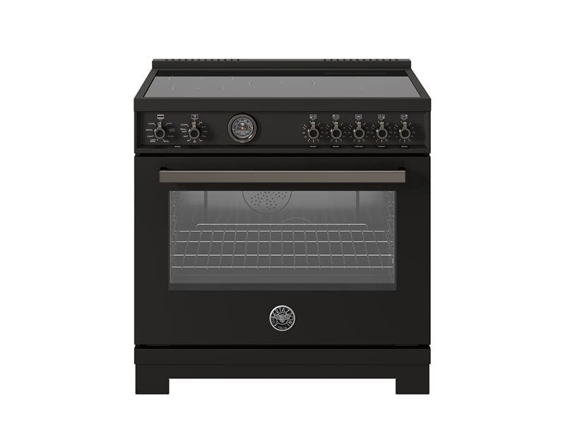 Bertazzoni Professional Series 36" 5 Heating Zones Carbonio Freestanding Induction Range With 5.7 Cu.Ft. Electric Self-Clean Oven and Cast Iron Griddle PRO365ICFEPCAT Luxury Appliances Direct