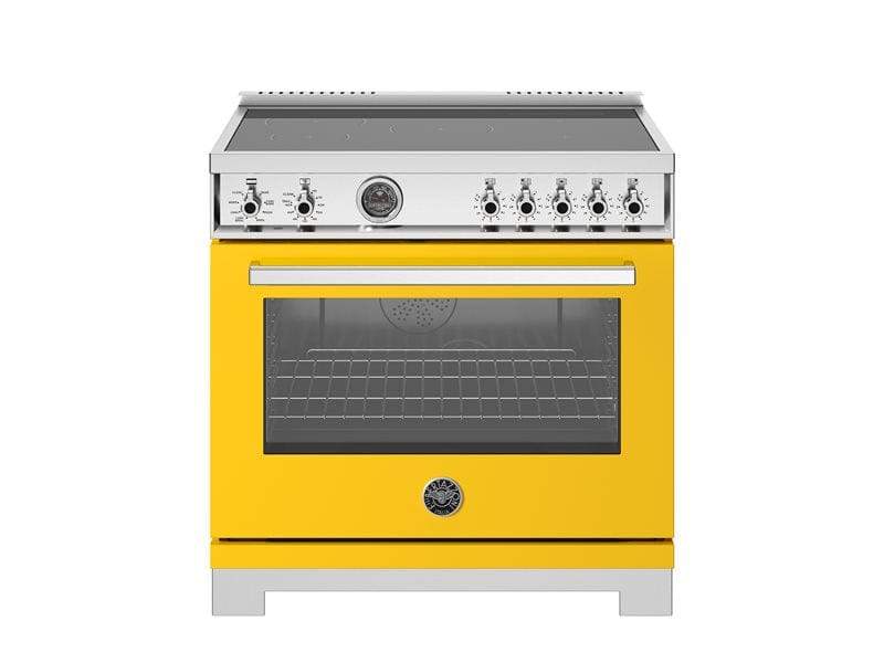 Bertazzoni Professional Series 36" 5 Heating Zones Giallo Freestanding Induction Range With 5.7 Cu.Ft. Electric Self-Clean Oven and Cast Iron Griddle PRO365ICFEPGIT Luxury Appliances Direct