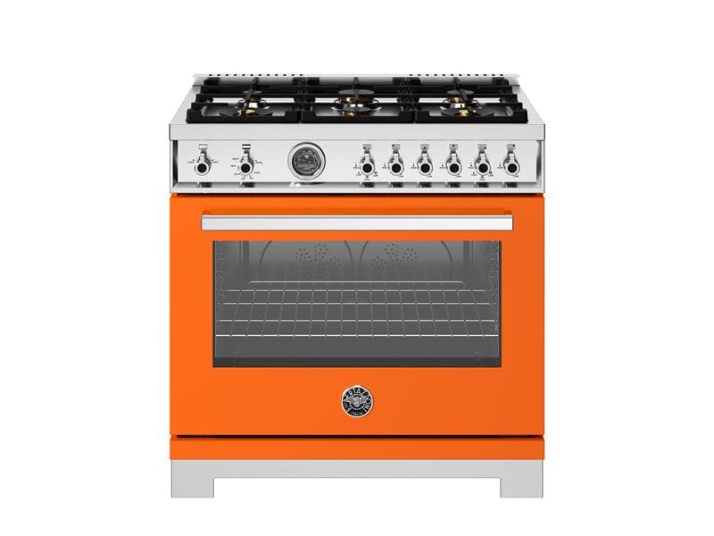 Bertazzoni Professional Series 36" 6 Brass Burners Arancio Freestanding All Gas Range With Cast Iron Griddle and 5.9 Cu.Ft. Gas Oven PRO366BCFGMART Luxury Appliances Direct