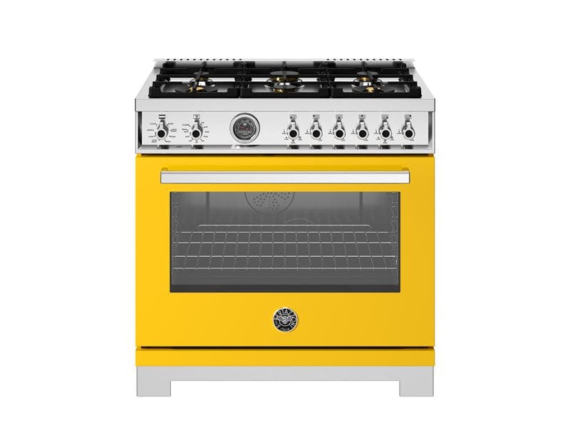 Bertazzoni Professional Series 36" 6 Brass Burners Giallo Freestanding Dual Fuel Range With Cast Iron Griddle and 5.7 Cu.Ft. Electric Self-Clean Oven PRO366BCFEPGIT Luxury Appliances Direct