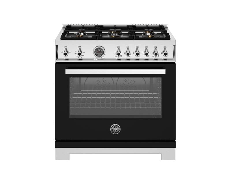 Bertazzoni Professional Series 36" 6 Brass Burners Nero Freestanding All Gas Range With Cast Iron Griddle and 5.9 Cu.Ft. Gas Oven PRO366BCFGMNET Luxury Appliances Direct